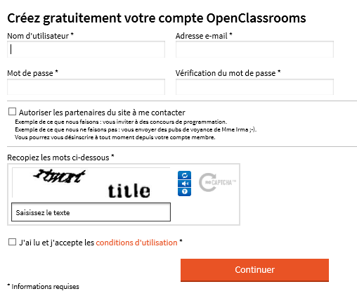 Le formulaire d'inscription d'Open Class Room