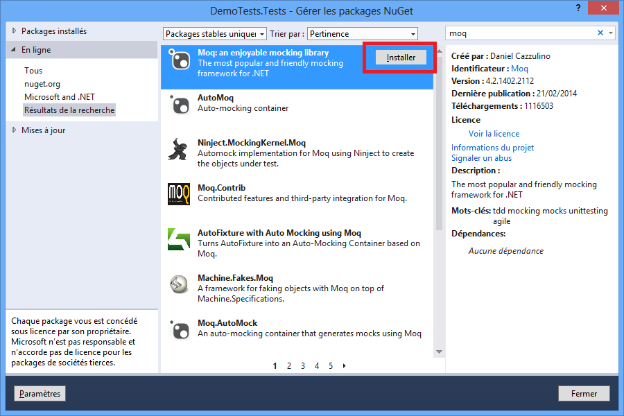 Installer Moq via NuGet