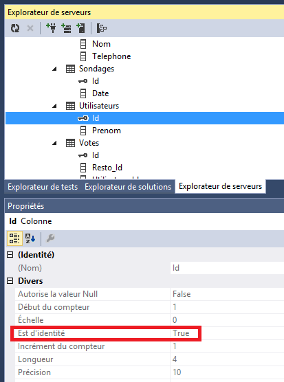 Structure du champ Id de la table Utilisateurs