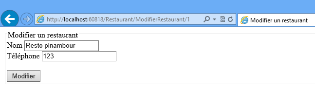 Le formulaire de modification de restaurant