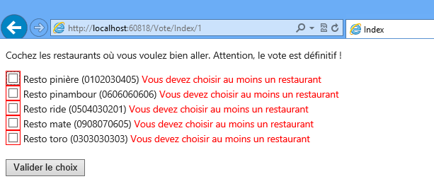 Validation des choix, mode facile