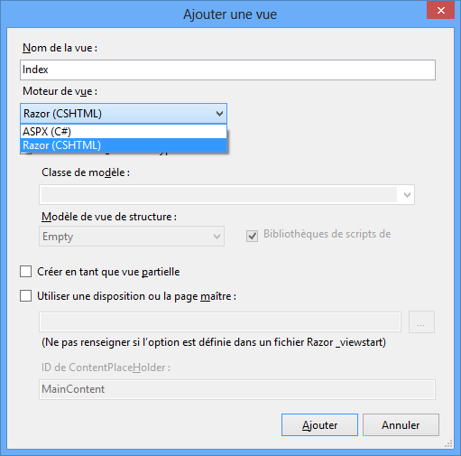 Choix du moteur de vue, avant Visual Studio 2013