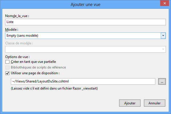 Ajout d'une vue avec une disposition