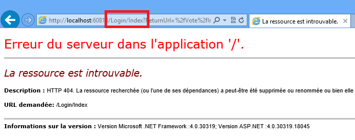 Redirection pour authentification introuvable