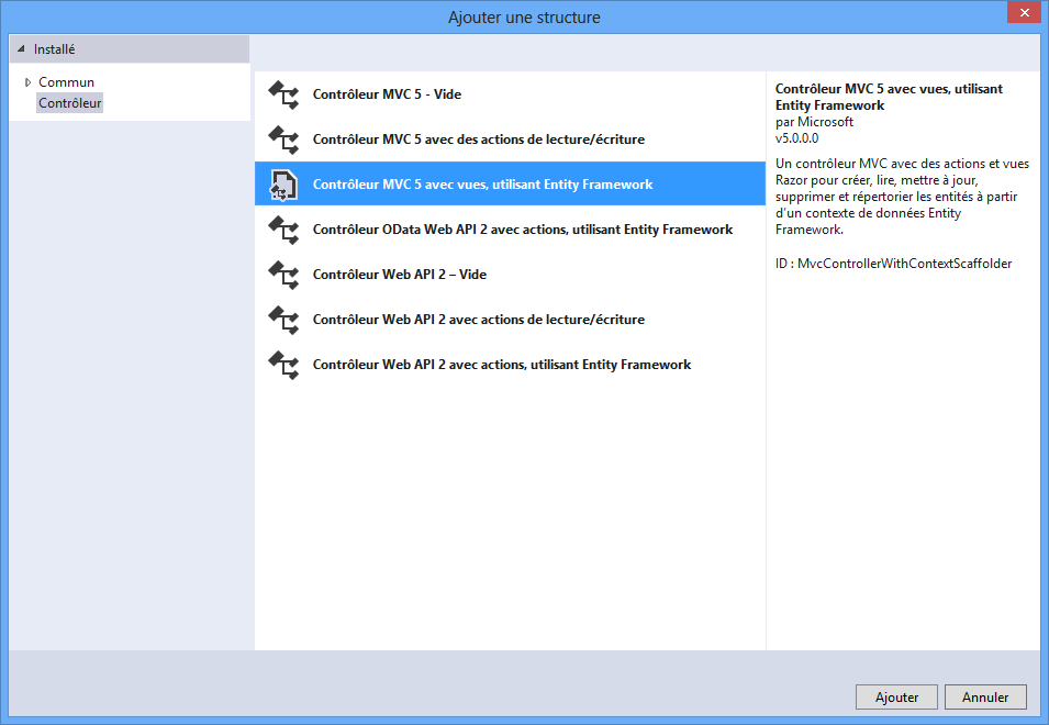 Création d'un contrôleur avec vues, utilisant Entity Framework