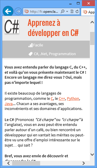 Le site d'open class rooms dans un faux Windows Phone