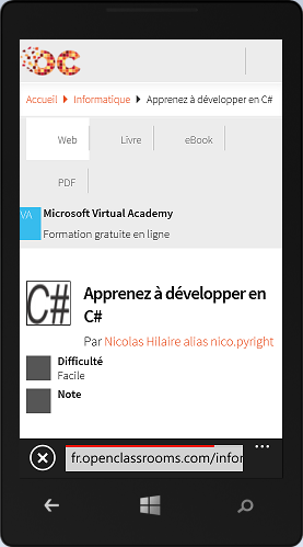 Le launcher WebBrowserTask affiche une page web