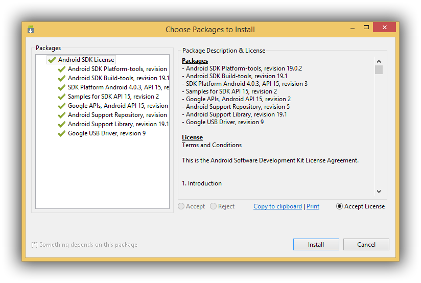 Choisissez Accept License pour chaque package puis cliquez sur Install
