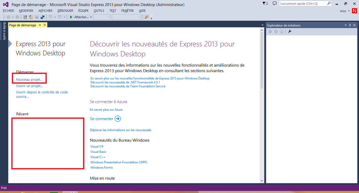 Page d'accueil de Visual Studio Express 2013 for Windows Desktop
