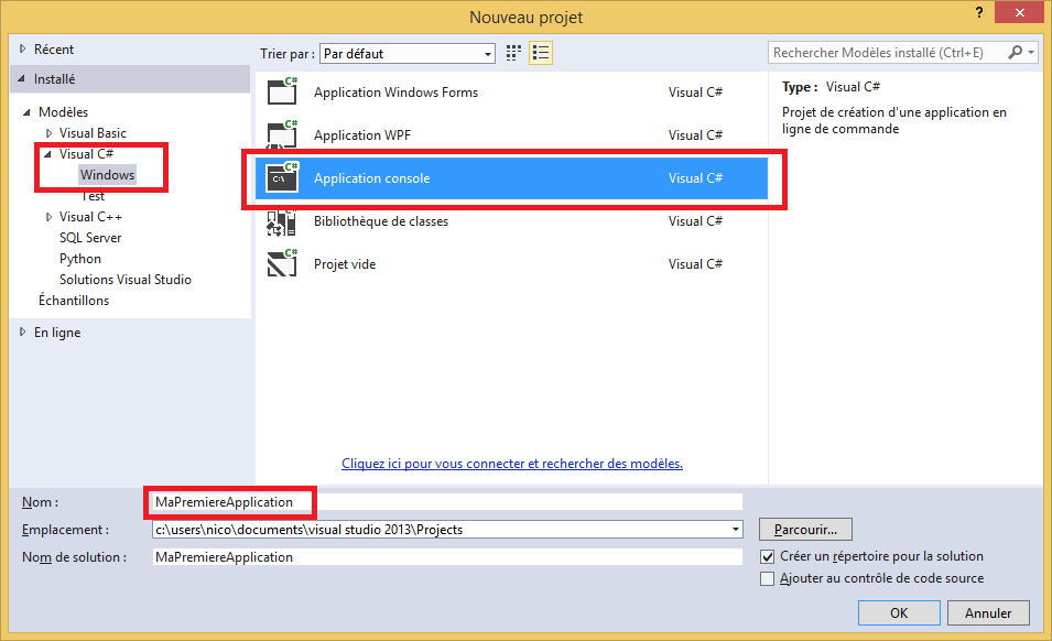 Création d'un projet Application console