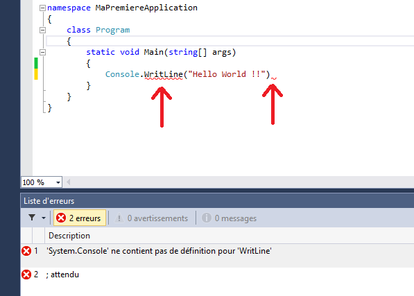 Erreurs de compilation signalées par Visual Studio