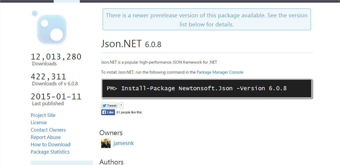Des infos sur le package JSON.NET
