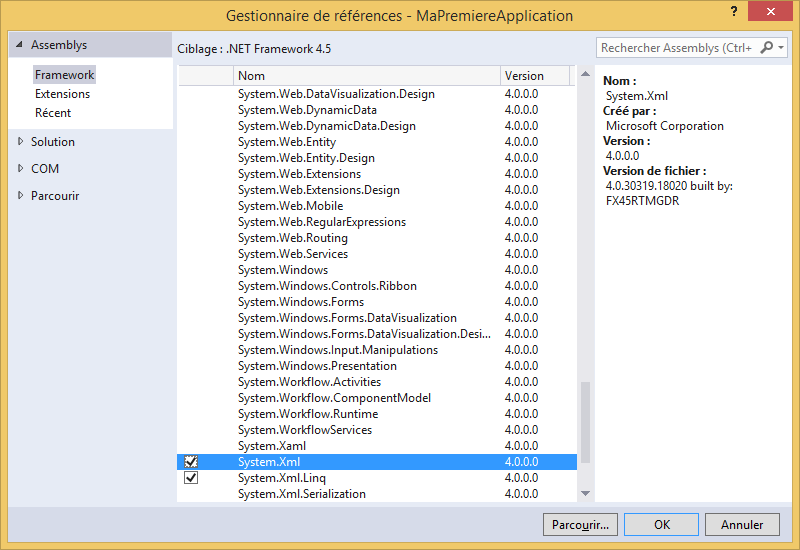 Ajout de l'assembly System.Xml