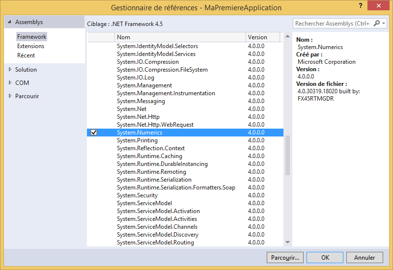 Ajout de l'assembly System.Numerics.dll
