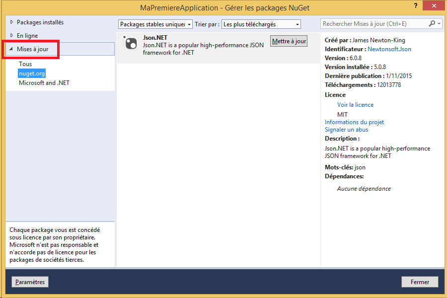 Mettre à jour un package NuGet