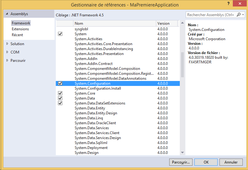 Référencer l'assembly qui permet de gérer les fichiers de configuration