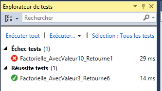 Affichage du résultat des tests