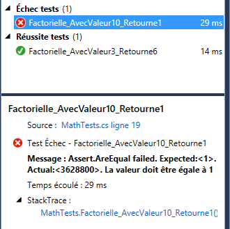 Affichage du détail de l'exécution d'un test
