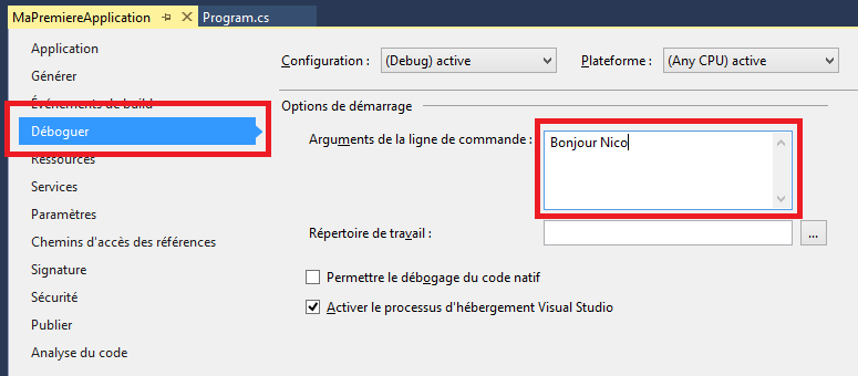 Passer une valeur à la ligne de commande depuis Visual Studio