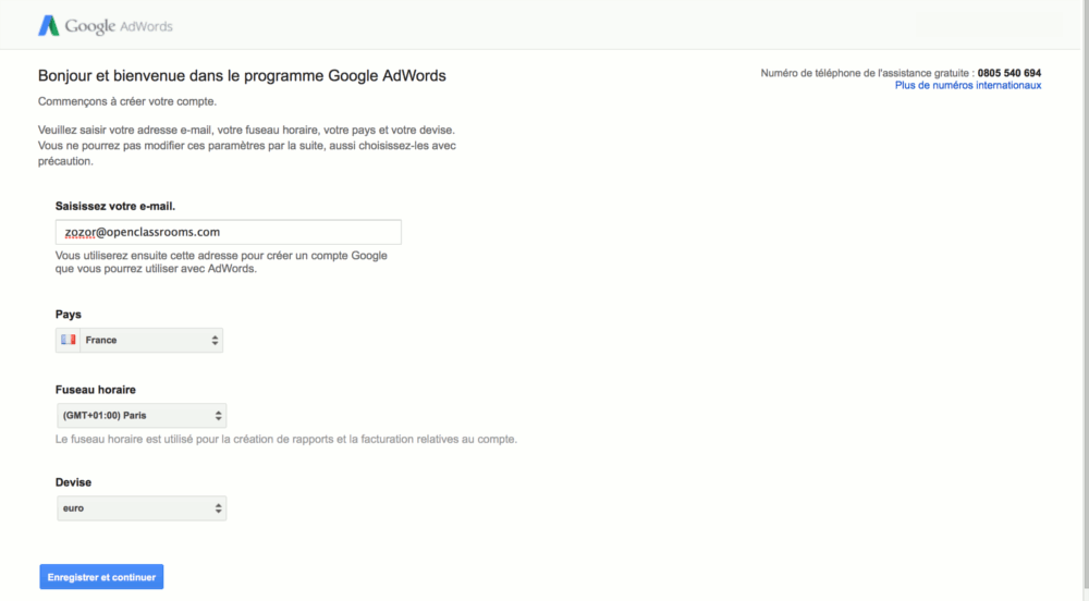 Page d’inscription de Google AdWords