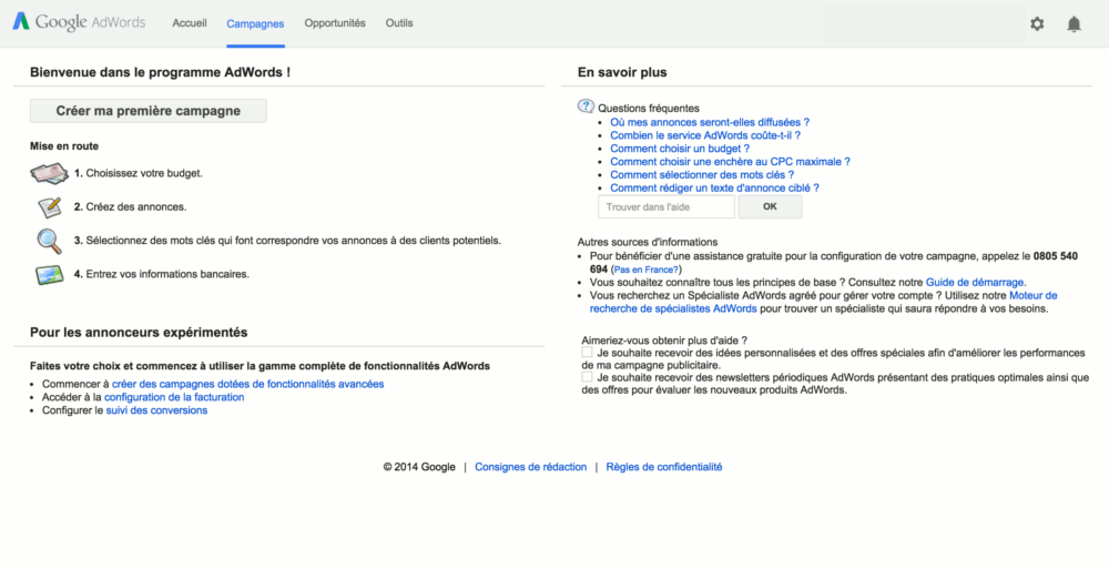 Page d’accueil de Google AdWords