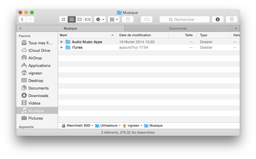 Deux onglets ouverts dans Finder