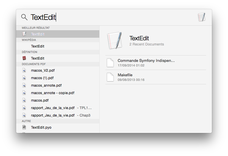 Recherche Spotlight : TextEdit