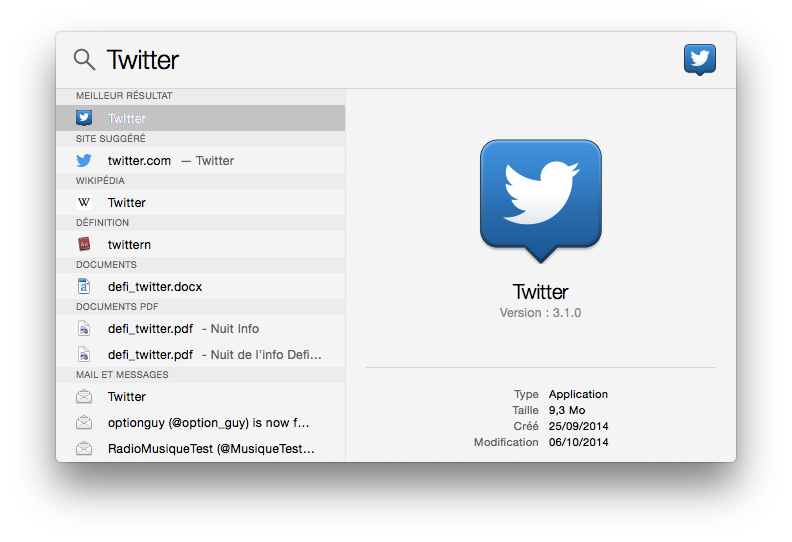 Recherche de l'application Twitter dans Spotlight