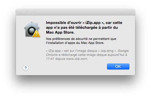 Message d'avertissement lors de l'ouverture d'une application non-identifiée