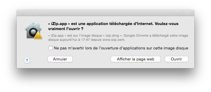 Message d'avertissement lors de l'ouverture d'une application non-identifiée