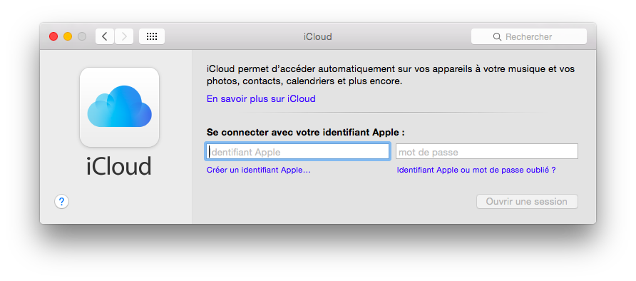 Fenêtre de démarrage d'iCloud