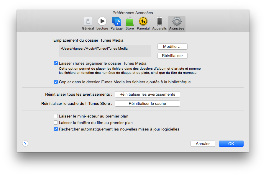 Préférences iTunes Avancé