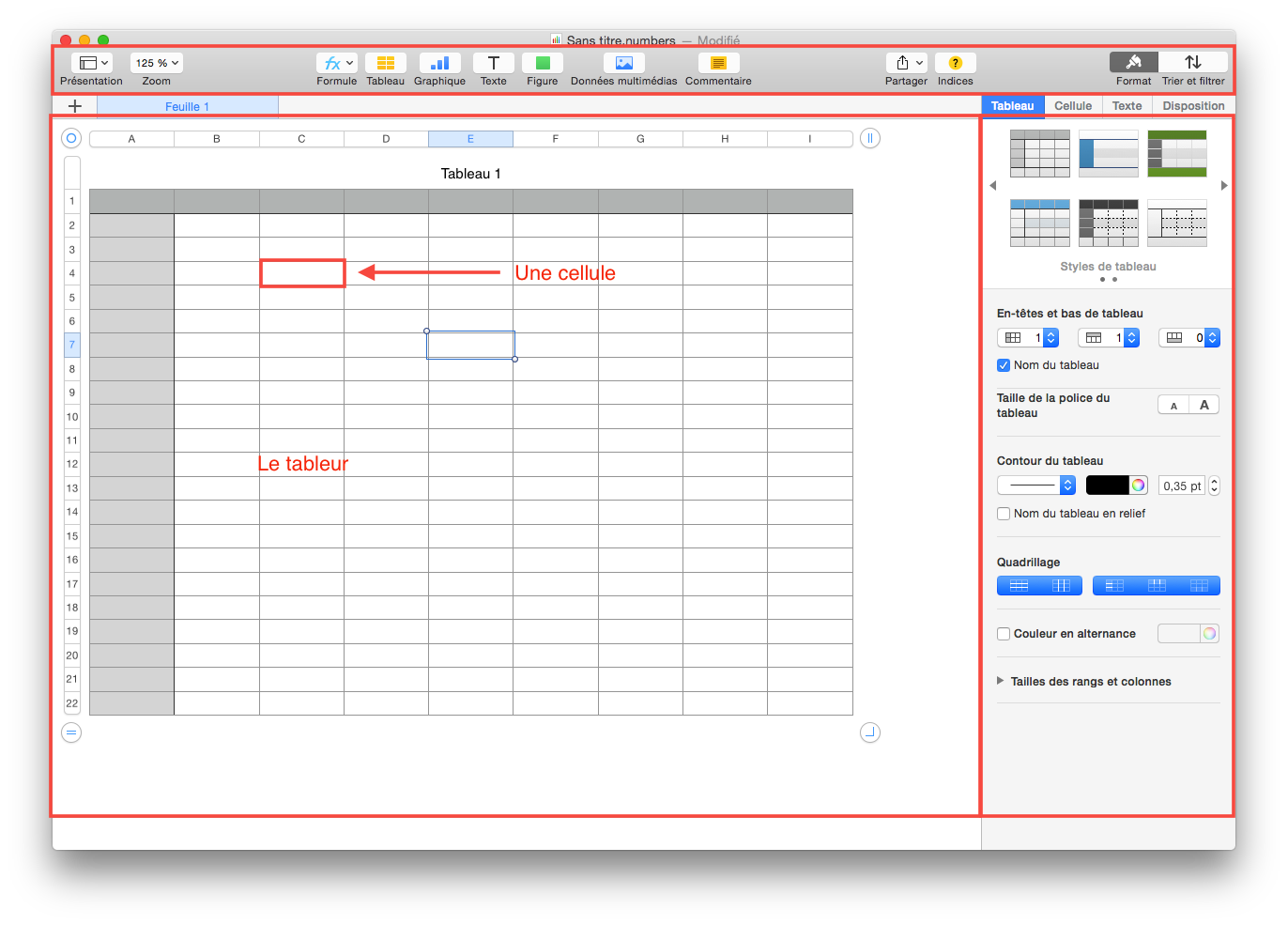 L'interface de Numbers