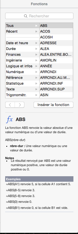 Liste des fonctions disponibles