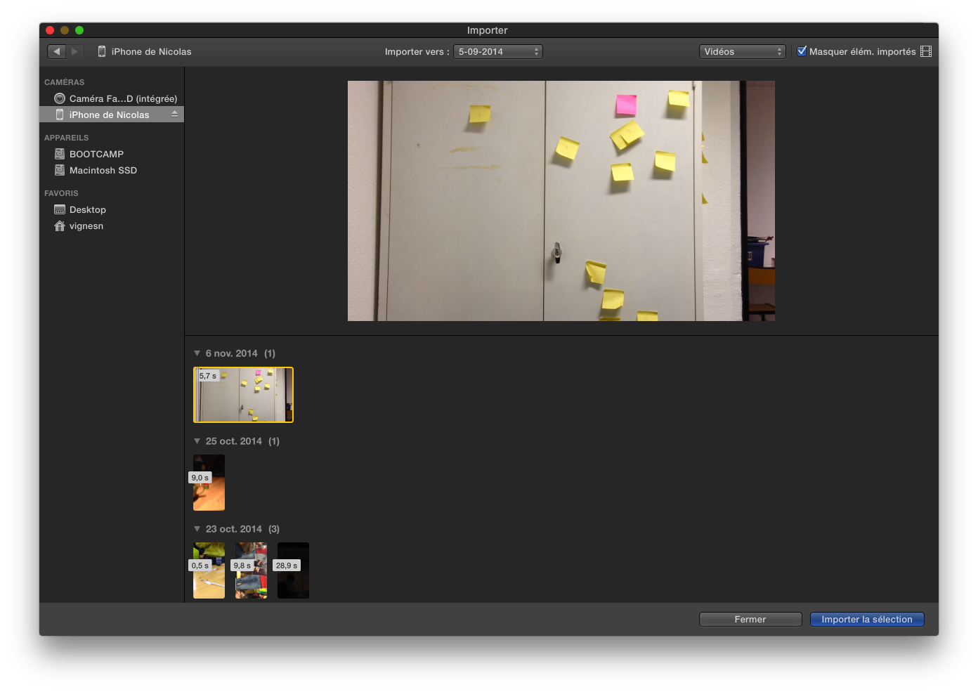 Fenêtre d'importation dans iMovie depuis une caméra