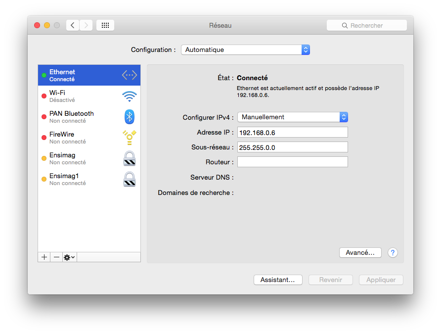 Préférences Réseaux : connexion via un câble Ethernet