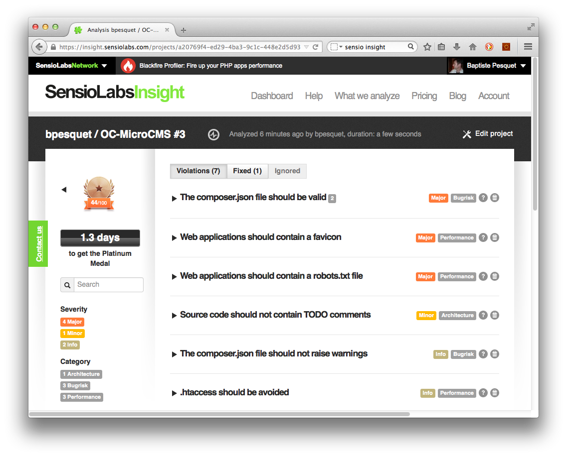 Résultat de l'analyse du code source par SensioLabsInsight