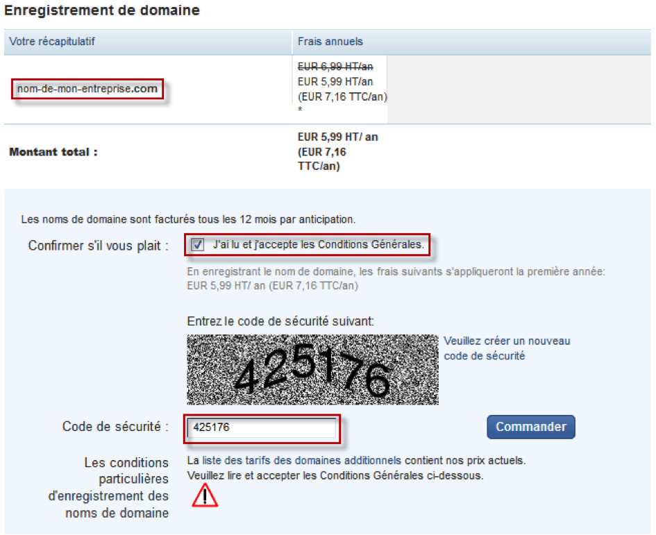 Récapitulatif d'enregistrement de domaine