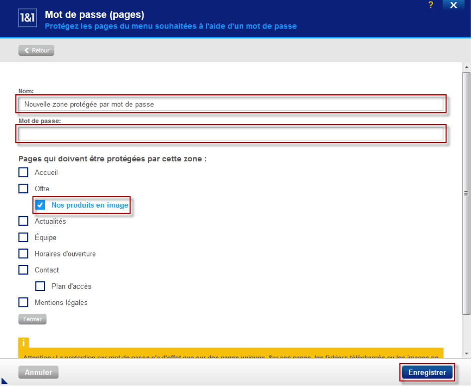 Sélection des pages à protéger