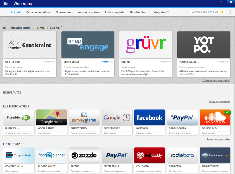 Catalogue des Web Apps