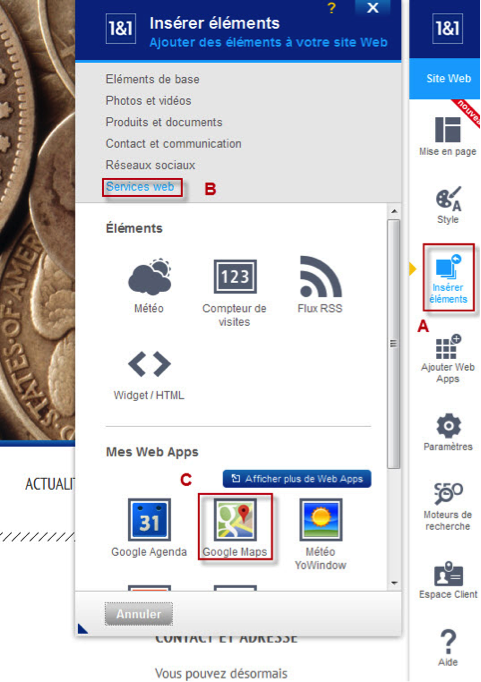 Insérer une Web App depuis le menu d'insertion
