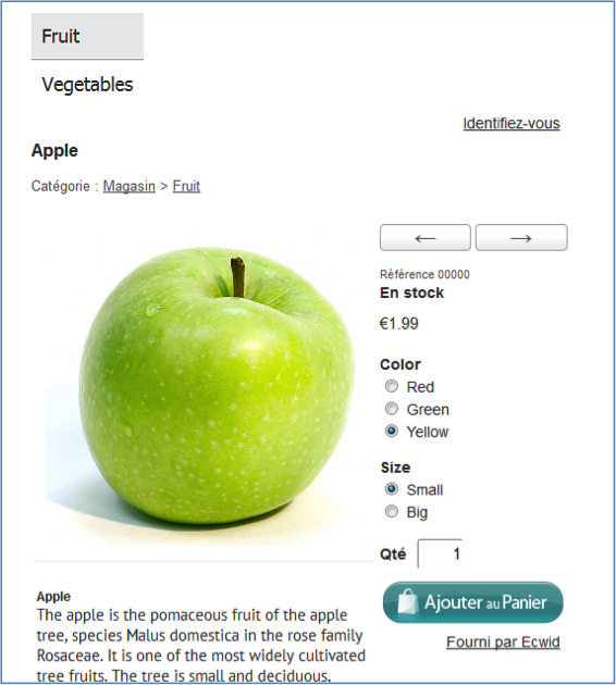 Exemple de fruit choisi sur l'e-boutique