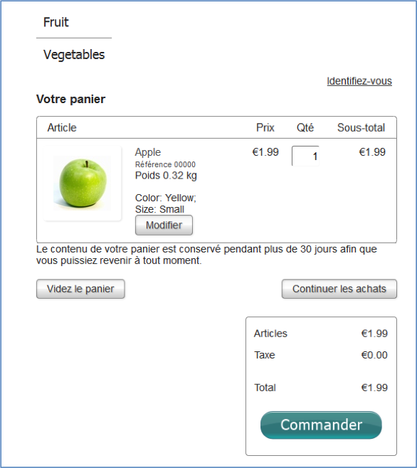 Exemple de contenu fruité du panier Ecwid