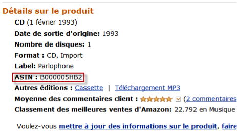 Exemple de code ASIN d'un produit Amazon