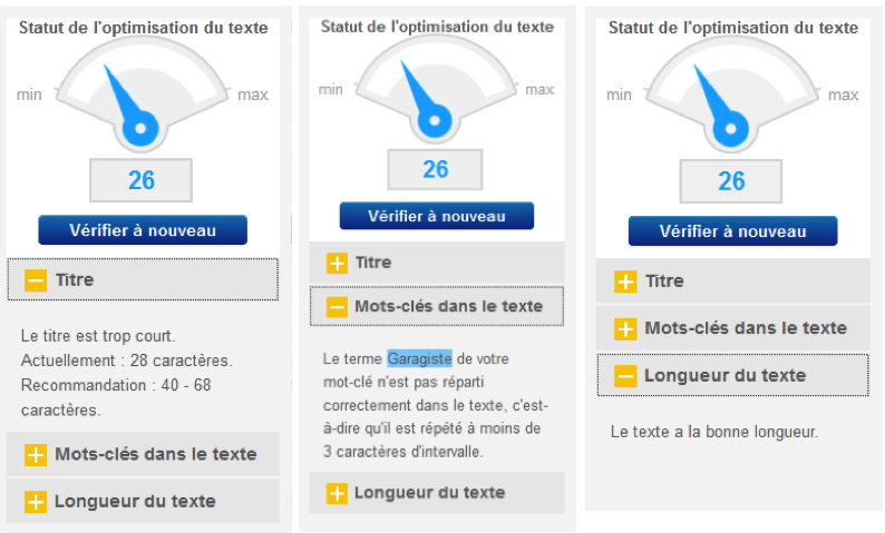 Indicateurs de l'outil de vérification du statut de l'optimisation du texte