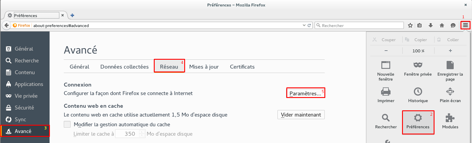 Emplacement des réglages de proxy dans Firefox.