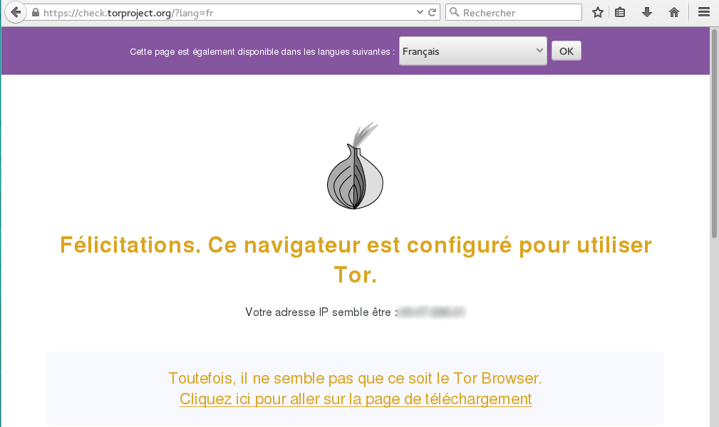 Vérification que Tor est bien activé à l'aide du service fourni par Tor