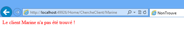 Affichage de la vue où le client n'est pas trouvé