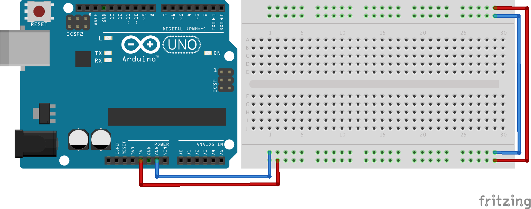 Branchement de la breadboard pour lier +5V et Gnd