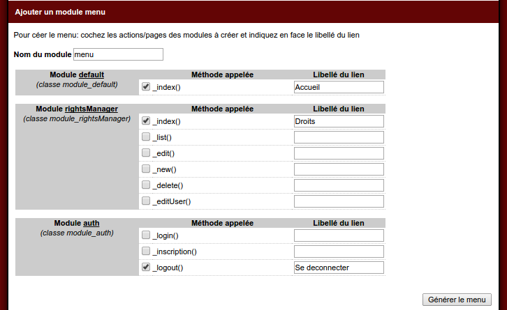 Builder, génération d'un module menu 1/2